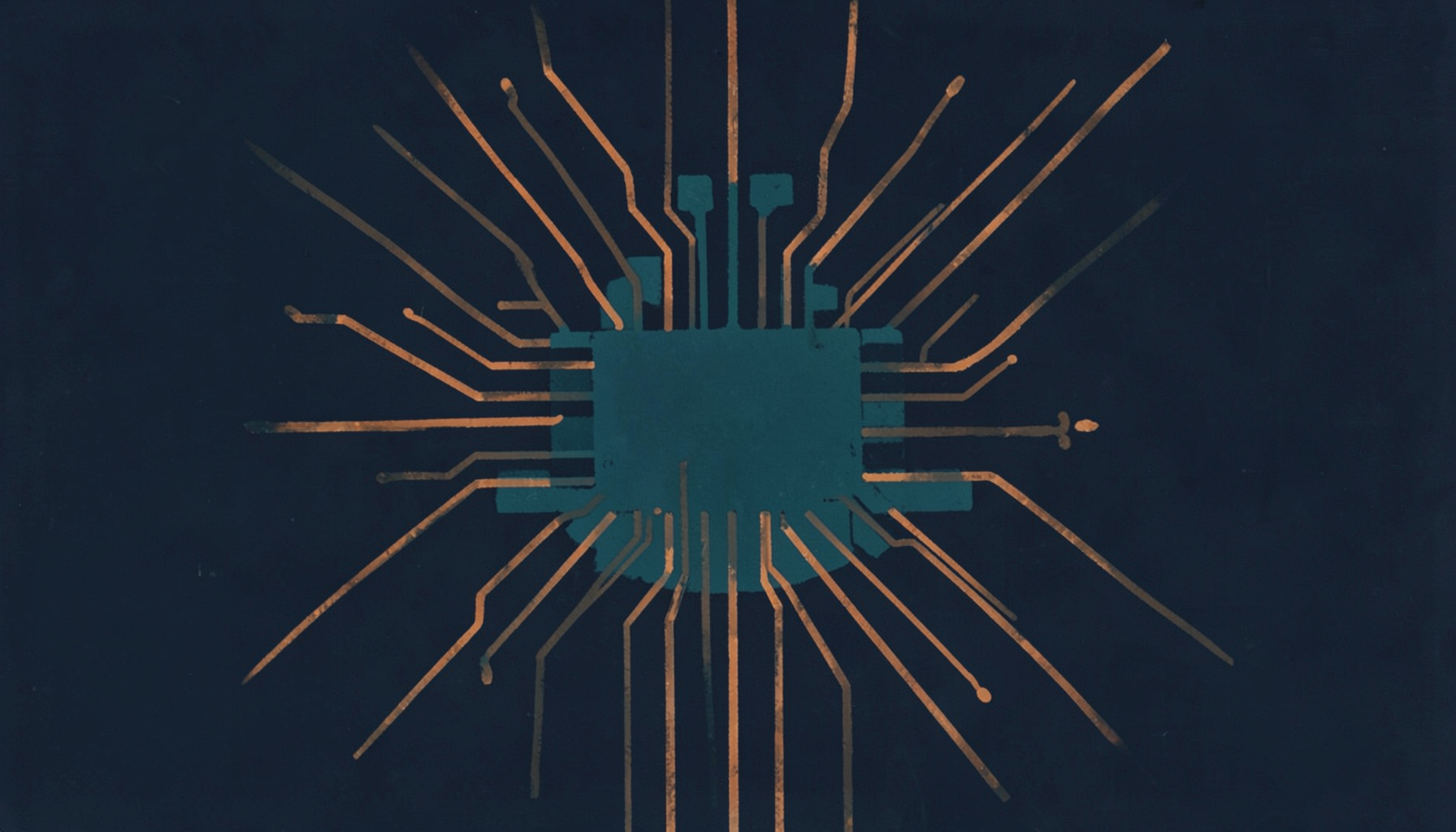 A matte gouache poster painting of a circuit board silhouette in deep teal and charcoal, with glowing copper traces radiating outward against a dark navy background